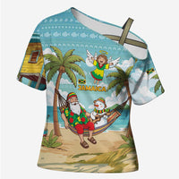 Jamaica Christmas Cross Shoulder Shirt with Rasta Santa Snowman Hammock Angel Palm Trees and Tropical Beach Design - Wonder Print Shop