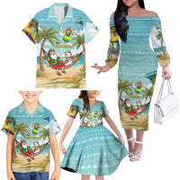 Jamaica Christmas Family Matching Off The Shoulder Long Sleeve Dress and Hawaiian Shirt with Rasta Santa Snowman Hammock Angel Palm Trees and Tropical Beach Design - Wonder Print Shop
