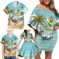 Jamaica Christmas Family Matching Off Shoulder Short Dress and Hawaiian Shirt with Rasta Santa Snowman Hammock Angel Palm Trees and Tropical Beach Design - Wonder Print Shop
