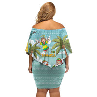 Jamaica Christmas Family Matching Off Shoulder Short Dress and Hawaiian Shirt with Rasta Santa Snowman Hammock Angel Palm Trees and Tropical Beach Design - Wonder Print Shop