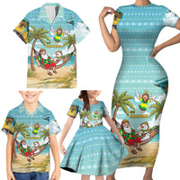 Jamaica Christmas Family Matching Short Sleeve Bodycon Dress and Hawaiian Shirt with Rasta Santa Snowman Hammock Angel Palm Trees and Tropical Beach Design - Wonder Print Shop