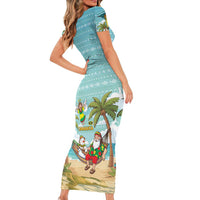 Jamaica Christmas Family Matching Short Sleeve Bodycon Dress and Hawaiian Shirt with Rasta Santa Snowman Hammock Angel Palm Trees and Tropical Beach Design - Wonder Print Shop