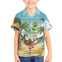 Jamaica Christmas Family Matching Short Sleeve Bodycon Dress and Hawaiian Shirt with Rasta Santa Snowman Hammock Angel Palm Trees and Tropical Beach Design - Wonder Print Shop