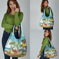 Jamaica Christmas Grocery Bag with Rasta Santa Snowman Hammock Angel Palm Trees and Tropical Beach Design - Wonder Print Shop