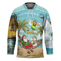 Jamaica Christmas Hockey Jersey with Rasta Santa Snowman Hammock Angel Palm Trees and Tropical Beach Design - Wonder Print Shop