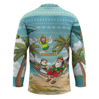 Jamaica Christmas Hockey Jersey with Rasta Santa Snowman Hammock Angel Palm Trees and Tropical Beach Design - Wonder Print Shop