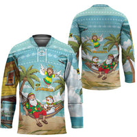 Jamaica Christmas Hockey Jersey with Rasta Santa Snowman Hammock Angel Palm Trees and Tropical Beach Design - Wonder Print Shop