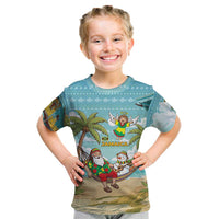 Jamaica Christmas Kid T Shirt with Rasta Santa Snowman Hammock Angel Palm Trees and Tropical Beach Design - Wonder Print Shop