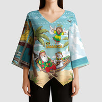 Jamaica Christmas Kimono Sleeve Blouse with Rasta Santa Snowman Hammock Angel Palm Trees and Tropical Beach Design - Wonder Print Shop