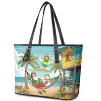Jamaica Christmas Leather Tote Bag with Rasta Santa Snowman Hammock Angel Palm Trees and Tropical Beach Design - Wonder Print Shop