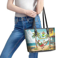 Jamaica Christmas Leather Tote Bag with Rasta Santa Snowman Hammock Angel Palm Trees and Tropical Beach Design - Wonder Print Shop