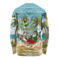 Jamaica Christmas Long Sleeve Shirt with Rasta Santa Snowman Hammock Angel Palm Trees and Tropical Beach Design - Wonder Print Shop