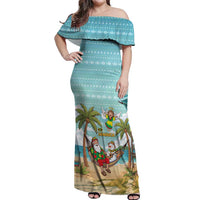 Jamaica Christmas Off Shoulder Maxi Dress with Rasta Santa Snowman Hammock Angel Palm Trees and Tropical Beach Design - Wonder Print Shop