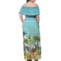 Jamaica Christmas Off Shoulder Maxi Dress with Rasta Santa Snowman Hammock Angel Palm Trees and Tropical Beach Design - Wonder Print Shop