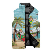 Jamaica Christmas Sleeveless Puffer Jacket with Rasta Santa Snowman Hammock Angel Palm Trees and Tropical Beach Design - Wonder Print Shop
