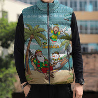 Jamaica Christmas Sleeveless Puffer Jacket with Rasta Santa Snowman Hammock Angel Palm Trees and Tropical Beach Design - Wonder Print Shop