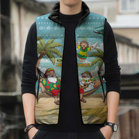 Jamaica Christmas Sleeveless Puffer Jacket with Rasta Santa Snowman Hammock Angel Palm Trees and Tropical Beach Design - Wonder Print Shop