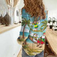 Jamaica Christmas Women Casual Shirt with Rasta Santa Snowman Hammock Angel Palm Trees and Tropical Beach Design - Wonder Print Shop