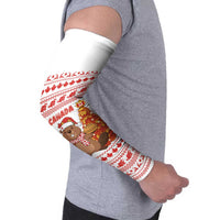 Canada Christmas Arm Sleeves with Beaver Maple Tree Ice Wine Pie and Red White Knit Pattern Design - Wonder Print Shop