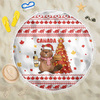 Canada Christmas Beach Blanket with Beaver Maple Tree Ice Wine Pie and Red White Knit Pattern Design - Wonder Print Shop