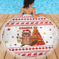 Canada Christmas Beach Blanket with Beaver Maple Tree Ice Wine Pie and Red White Knit Pattern Design - Wonder Print Shop