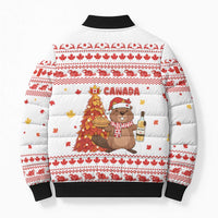 Canada Christmas Bomber Puffer Jacket with Beaver Maple Tree Ice Wine Pie and Red White Knit Pattern Design - Wonder Print Shop