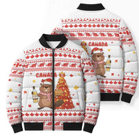 Canada Christmas Bomber Puffer Jacket with Beaver Maple Tree Ice Wine Pie and Red White Knit Pattern Design - Wonder Print Shop