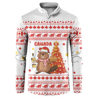 Canada Christmas Button Sweatshirt with Beaver Maple Tree Ice Wine Pie and Red White Knit Pattern Design - Wonder Print Shop