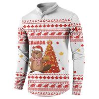 Canada Christmas Button Sweatshirt with Beaver Maple Tree Ice Wine Pie and Red White Knit Pattern Design - Wonder Print Shop