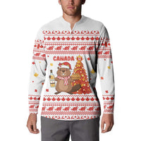 Canada Christmas Button Sweatshirt with Beaver Maple Tree Ice Wine Pie and Red White Knit Pattern Design - Wonder Print Shop