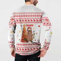 Canada Christmas Button Sweatshirt with Beaver Maple Tree Ice Wine Pie and Red White Knit Pattern Design - Wonder Print Shop