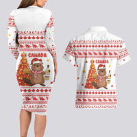 Canada Christmas Couples Matching Long Sleeve Bodycon Dress and Hawaiian Shirt with Beaver Maple Tree Ice Wine Pie and Red White Knit Pattern Design - Wonder Print Shop