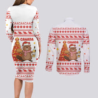 Canada Christmas Couples Matching Long Sleeve Bodycon Dress and Long Sleeve Button Shirt with Beaver Maple Tree Ice Wine Pie and Red White Knit Pattern Design - Wonder Print Shop