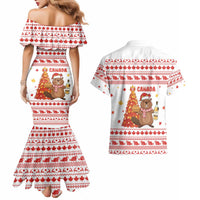 Canada Christmas Couples Matching Mermaid Dress and Hawaiian Shirt with Beaver Maple Tree Ice Wine Pie and Red White Knit Pattern Design - Wonder Print Shop