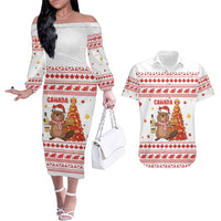Canada Christmas Couples Matching Off The Shoulder Long Sleeve Dress and Hawaiian Shirt with Beaver Maple Tree Ice Wine Pie and Red White Knit Pattern Design - Wonder Print Shop