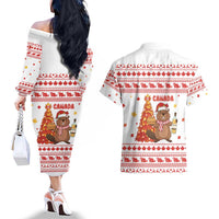 Canada Christmas Couples Matching Off The Shoulder Long Sleeve Dress and Hawaiian Shirt with Beaver Maple Tree Ice Wine Pie and Red White Knit Pattern Design - Wonder Print Shop