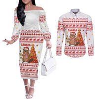 Canada Christmas Couples Matching Off The Shoulder Long Sleeve Dress and Long Sleeve Button Shirt with Beaver Maple Tree Ice Wine Pie and Red White Knit Pattern Design - Wonder Print Shop