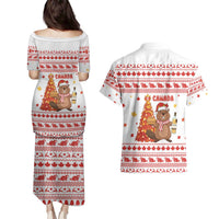 Canada Christmas Couples Matching Puletasi and Hawaiian Shirt with Beaver Maple Tree Ice Wine Pie and Red White Knit Pattern Design - Wonder Print Shop