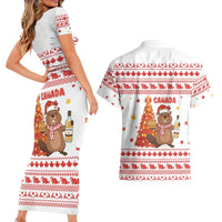 Canada Christmas Couples Matching Short Sleeve Bodycon Dress and Hawaiian Shirt with Beaver Maple Tree Ice Wine Pie and Red White Knit Pattern Design - Wonder Print Shop