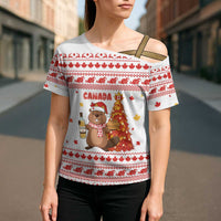 Canada Christmas Cross Shoulder Shirt with Beaver Maple Tree Ice Wine Pie and Red White Knit Pattern Design - Wonder Print Shop