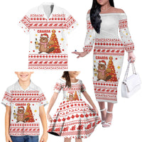 Canada Christmas Family Matching Off The Shoulder Long Sleeve Dress and Hawaiian Shirt with Beaver Maple Tree Ice Wine Pie and Red White Knit Pattern Design - Wonder Print Shop