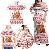 Canada Christmas Family Matching Off Shoulder Maxi Dress and Hawaiian Shirt with Beaver Maple Tree Ice Wine Pie and Red White Knit Pattern Design - Wonder Print Shop