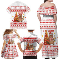 Canada Christmas Family Matching Off Shoulder Maxi Dress and Hawaiian Shirt with Beaver Maple Tree Ice Wine Pie and Red White Knit Pattern Design - Wonder Print Shop