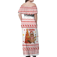 Canada Christmas Family Matching Off Shoulder Maxi Dress and Hawaiian Shirt with Beaver Maple Tree Ice Wine Pie and Red White Knit Pattern Design - Wonder Print Shop