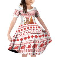 Canada Christmas Family Matching Off Shoulder Short Dress and Hawaiian Shirt with Beaver Maple Tree Ice Wine Pie and Red White Knit Pattern Design - Wonder Print Shop
