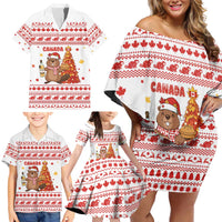 Canada Christmas Family Matching Off Shoulder Short Dress and Hawaiian Shirt with Beaver Maple Tree Ice Wine Pie and Red White Knit Pattern Design - Wonder Print Shop