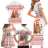 Canada Christmas Family Matching Short Sleeve Bodycon Dress and Hawaiian Shirt with Beaver Maple Tree Ice Wine Pie and Red White Knit Pattern Design - Wonder Print Shop