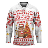 Canada Christmas Hockey Jersey with Beaver Maple Tree Ice Wine Pie and Red White Knit Pattern Design - Wonder Print Shop