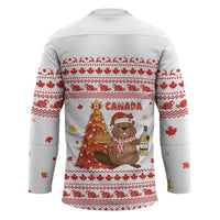Canada Christmas Hockey Jersey with Beaver Maple Tree Ice Wine Pie and Red White Knit Pattern Design - Wonder Print Shop