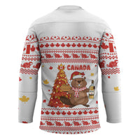 Canada Christmas Hockey Jersey with Beaver Maple Tree Ice Wine Pie and Red White Knit Pattern Design - Wonder Print Shop